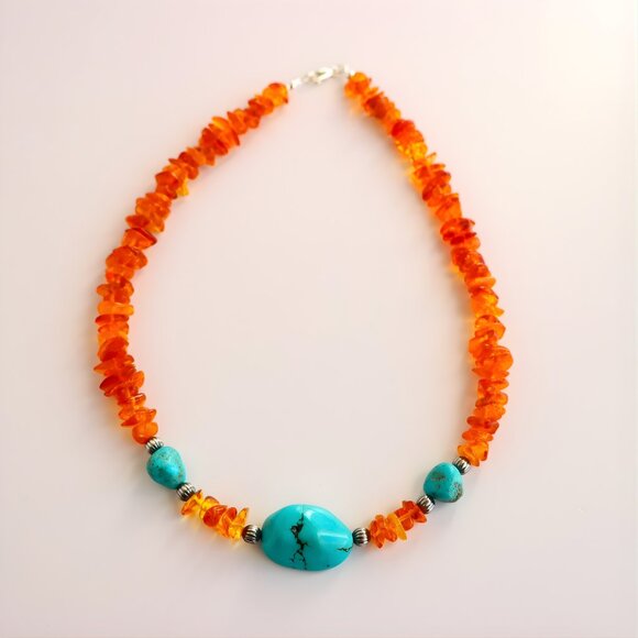 Baltic Amber & Turquoise Necklace With Sterling Silver Navajo Beads - Picture 2 of 5